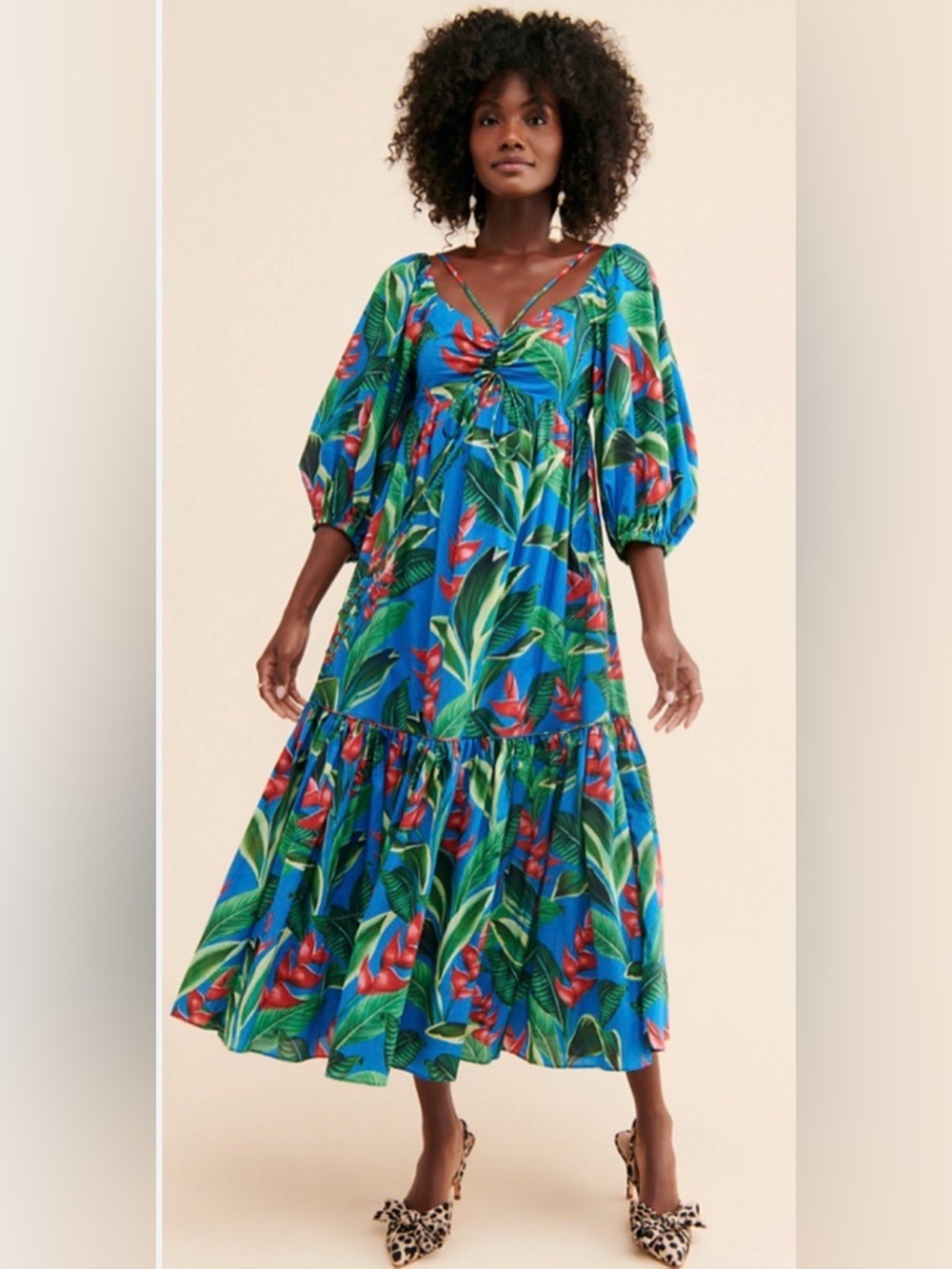 Farm Rio Dream Garden tropical floral puff sleeve tiered cotton Midi Dress XS - Picture 2 of 14